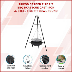 Tripod Garden Fire Pit BBQ Barbecue Cast Iron & Steel Fire Pit Bowl Round