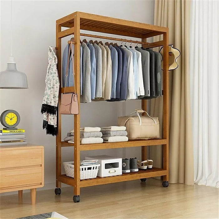 Heavy Duty Wooden Clothes Rail with Shelves & Wheels – Open Wardrobe Rack Stand