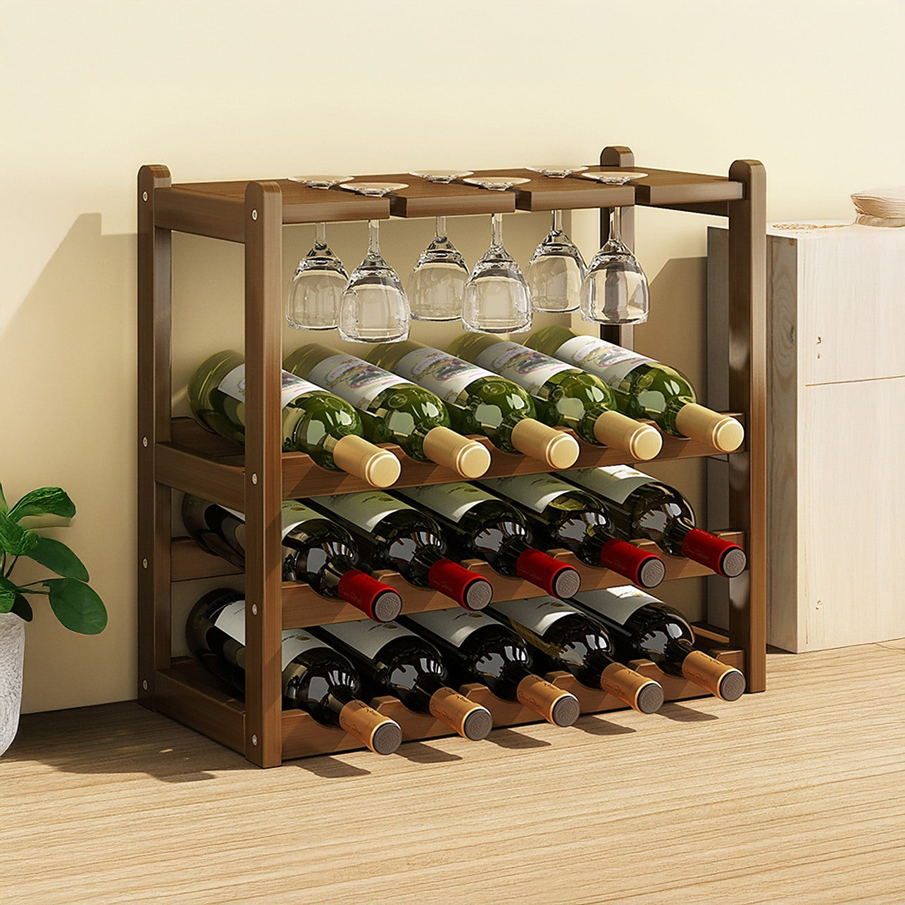 Bamboo Wine Rack – 15 Bottles Glasses Storage Dark Brown