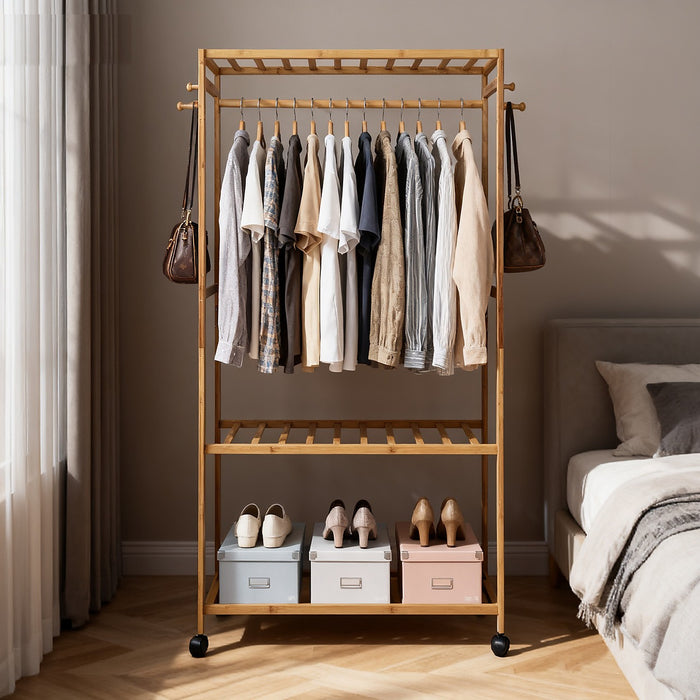 Heavy Duty Wooden Clothes Rail with Shelves & Wheels – Open Wardrobe Rack Stand