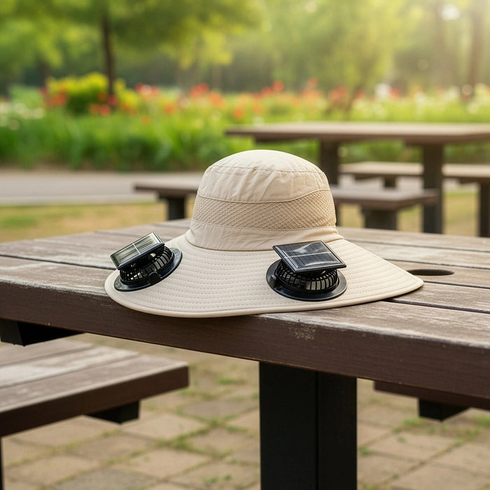Solar & USB Powered Cooling Hat with Dual Fan – Khaki Outdoor Sun Hat