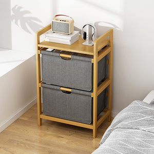 Bamboo Shelf with Storage Hamper – Wooden Organiser Rack with 2 Removable Laundry Bags