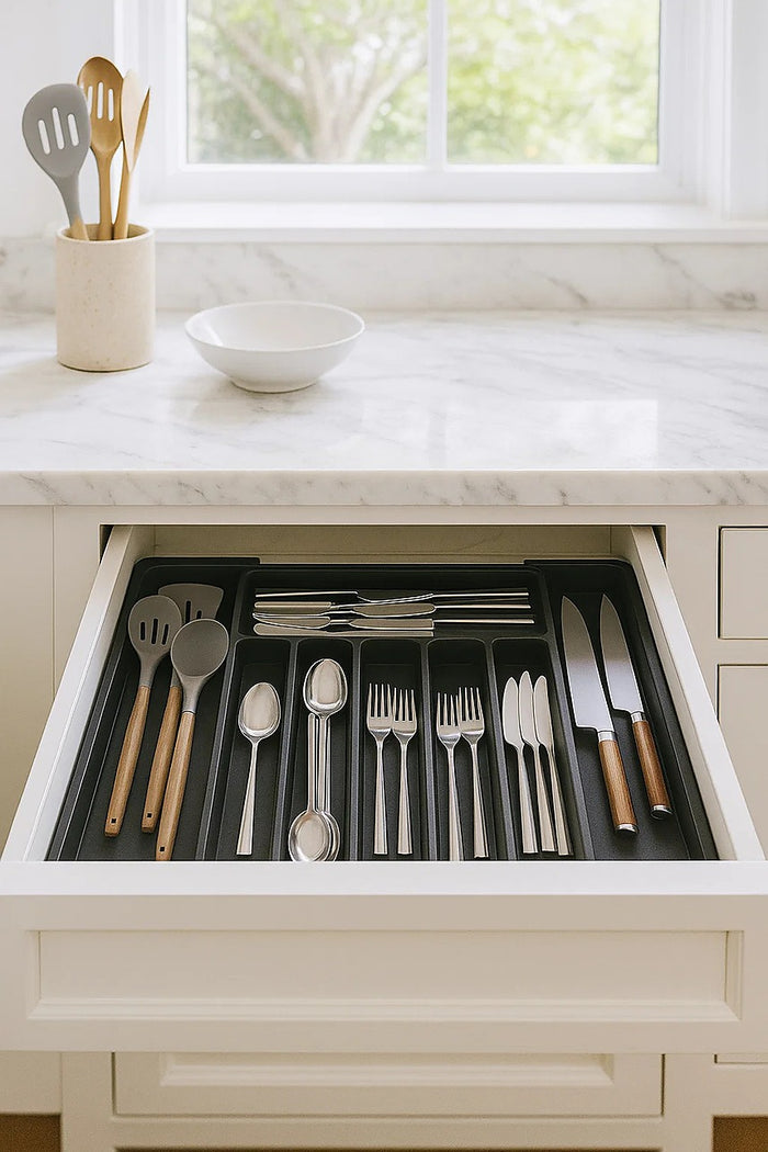 Extendable Cutlery Tray Drawer Organiser – 6 to 8 Compartment Kitchen Utensil Storage
