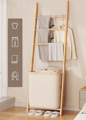 Wall Leaning Ladder Shelf with Laundry Basket Clothes Hamper Bath Towel Rack