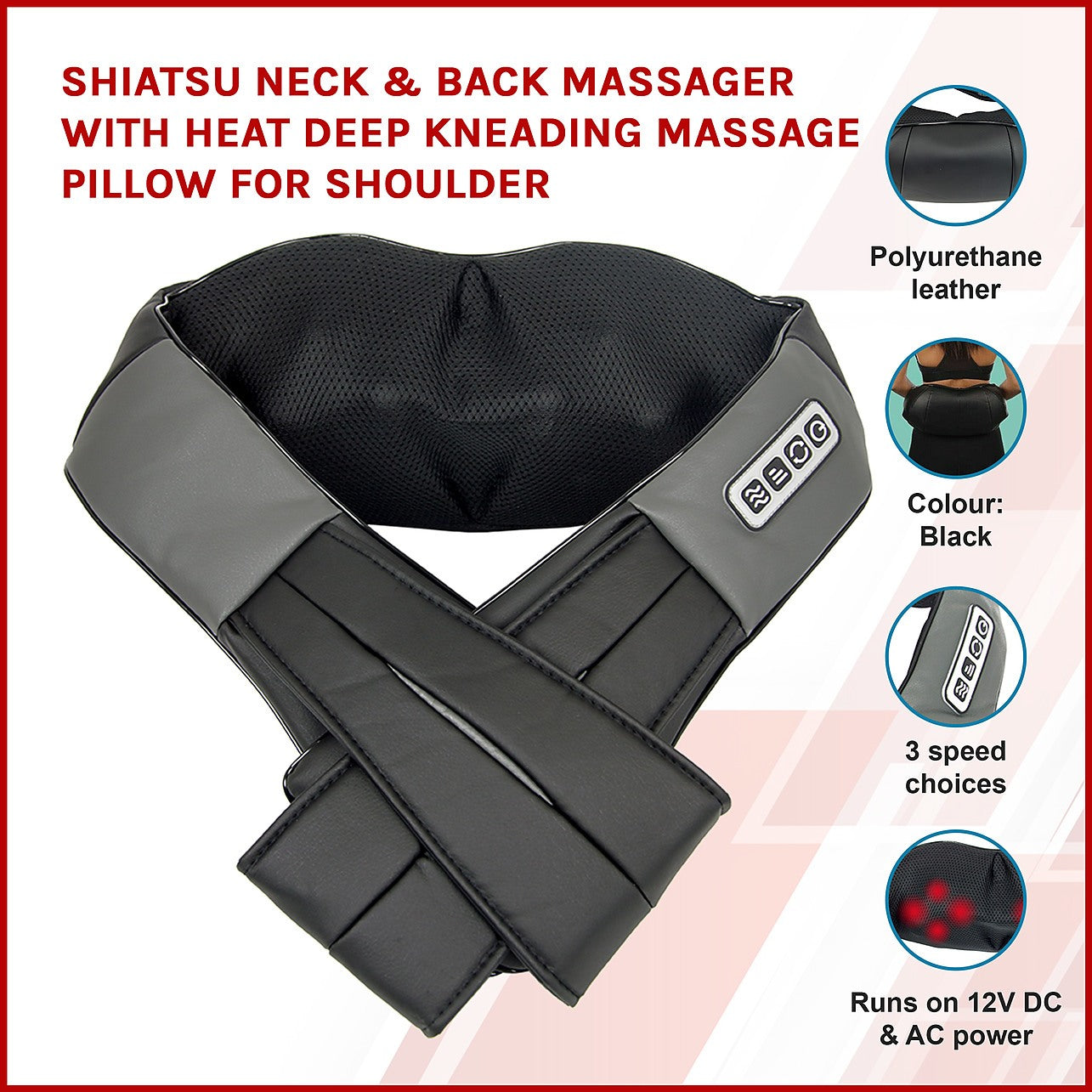 Shiatsu Back and Neck Kneading Shoulder Massager w/ Heat Straps