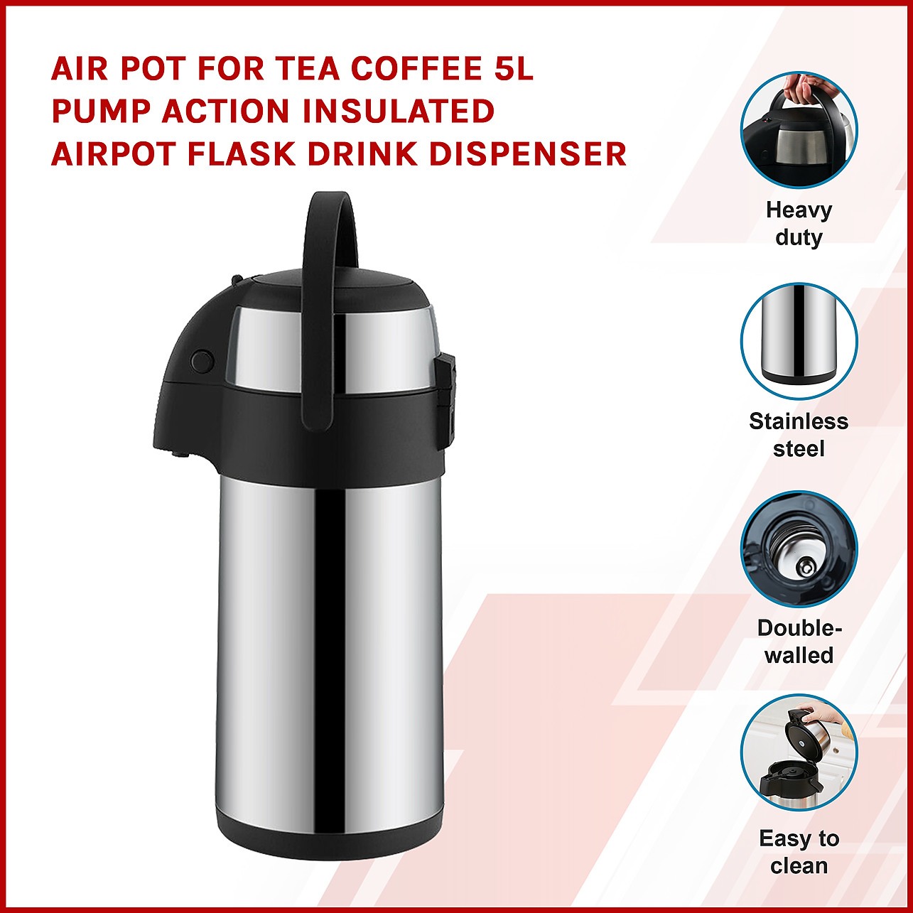 Air Pot for Tea Coffee 5L Pump Action Insulated Airpot Flask Drink Dispenser  - Home & Lifestyle > Kitchenware